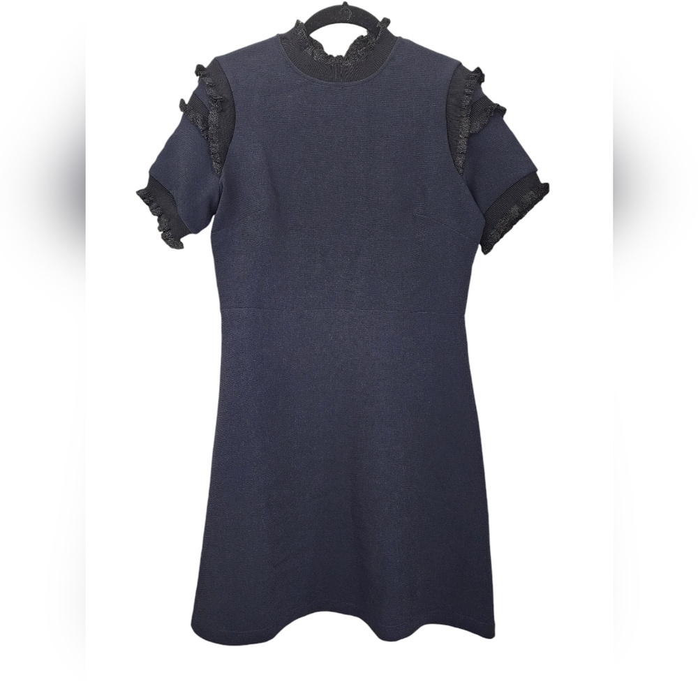 NEW! CAARA Massanet mini Dress, Navy blue, black ruffles, Size M - Picture 2 of 8